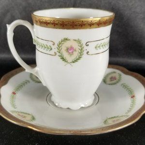 Antique Moritz Zdekauer Pink Rose Porcelain Demitasse Cup & Saucer